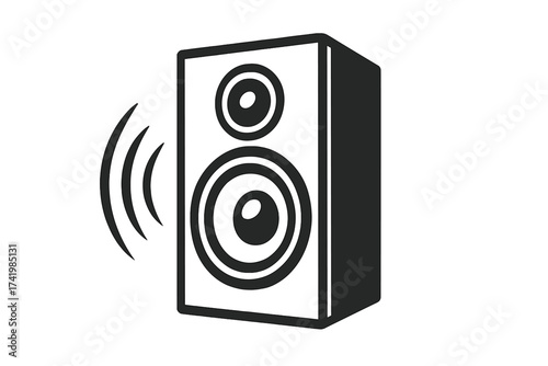 Music speaker icon vector, loud woofer box illustration with sound waves, black and white audio speaker symbol, transparent background, sound system element, audio device graphic