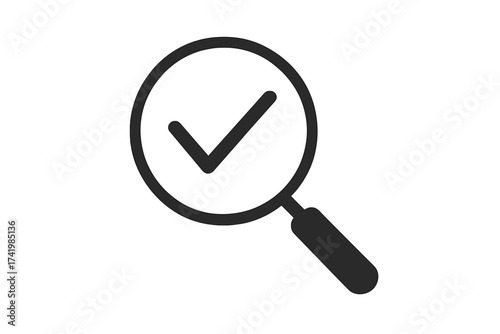 Magnifying glass with check mark icon. Verified and approved symbol. Quality control, inspection, search, and review concept. Passed audit, correct choice, complete sign.