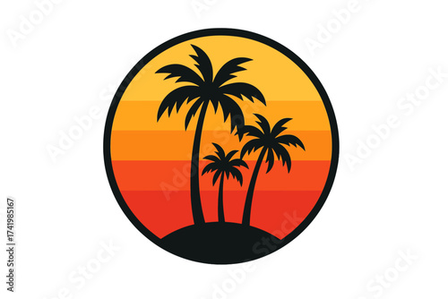 Retro sunset with palm trees silhouette in a circle. Tropical beach vacation graphic logo for t-shirt print. Summer travel emblem from Belize, Central America. Vintage vector.