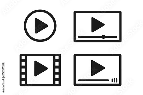 Play button icon vector set. Video and audio media player interface collection. Movie filmstrip, streaming, and start symbols for web and app design. Multimedia UI element.