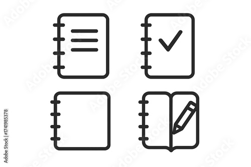 Note icon set collection with notebook symbols, vector illustration of spiral notepads, checklist, blank pages, and pencil drawing, isolated on transparent background, office stationery set