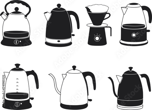 Modern electric kettles, pour over coffee makers, glass tea kettles, kitchen appliances collection, minimalist black white silhouettes, brewing essentials