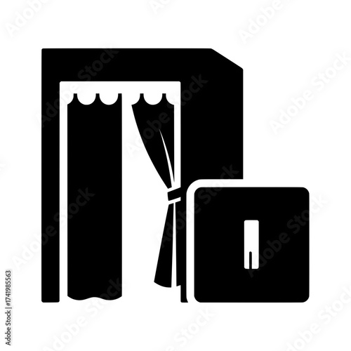 Photo booth icon with curtains and a button for taking pictures.