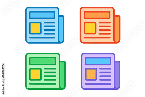 Newspaper icon set in colorful flat design. Newsletter sign and symbol for news, media, and press. Vector illustration of a daily publication, journal, or article graphic.