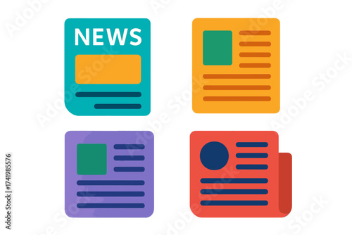 Newspaper icon set in colorful flat graphic design. Newsletter sign collection for web and mobile. Vector illustration of news, publication, article, and media symbols.