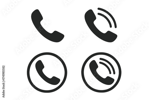 Set of phone call icons with telephone symbols, vector illustration, black silhouette telephones, communication concept, transparent background, call and ringing variants, modern design