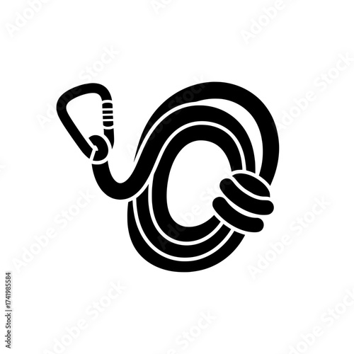 Climbing rope with carabiner safety equipment for mountaineering and rock climbing.