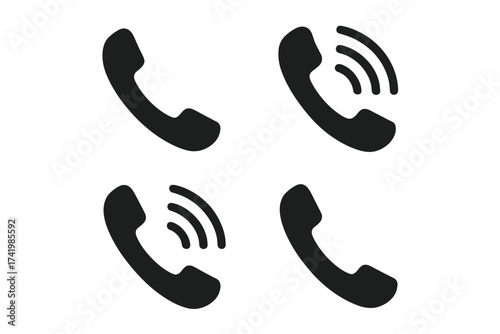 Phone call icon set with communication symbols vector illustration, handset icons with sound waves, transparent background, simple telecommunication design elements