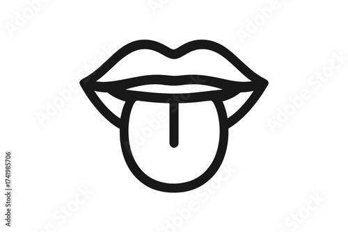 Mouth with tongue out icon. Sticking tongue out symbol. Licking, tasting concept. Playful, cheeky, rude emotion. Face expression line art. Vector illustration isolated.