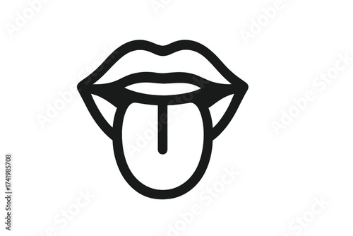 Mouth with tongue sticking out icon. Licking, tasting concept. Playful, teasing, rock and roll gesture. Simple black line art vector illustration. Symbol for fun, taste, rebel.