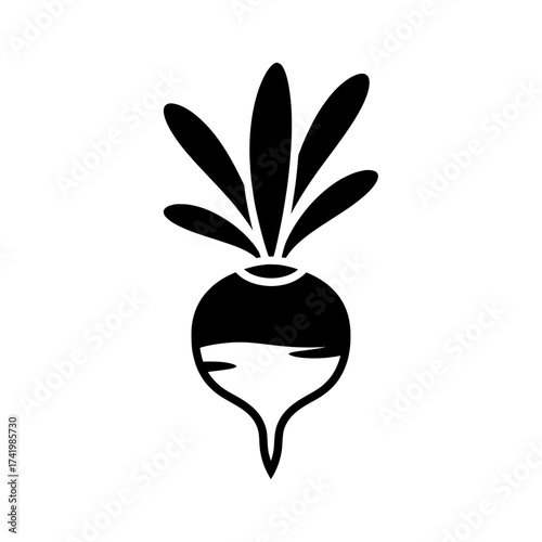 Black and white illustration of a radish with leaves a root vegetable.