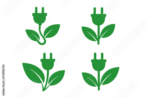 Green energy plug icon set with plant leaves, eco-friendly power symbols, sustainable electricity vector collection with transparent background, nature-inspired electric plug design