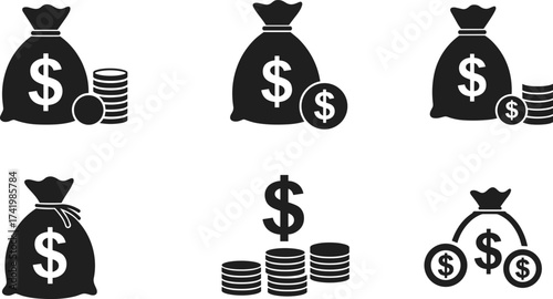 Money bag icon, finance symbol, dollar sign illustration, investment graphic, savings concept, wealth design, banking element, economy pictogram, currency vector, budget icon