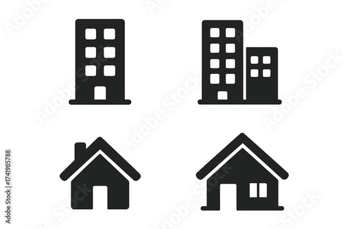 Real estate property building vector icons set, modern house and apartment silhouettes, black simple home and commercial building symbols, transparent background