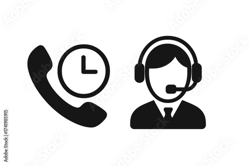 Customer support icon set. Call center agent with headset, 24-7 service time clock and phone receiver. Contact us, helpdesk or hotline concept vector illustration.
