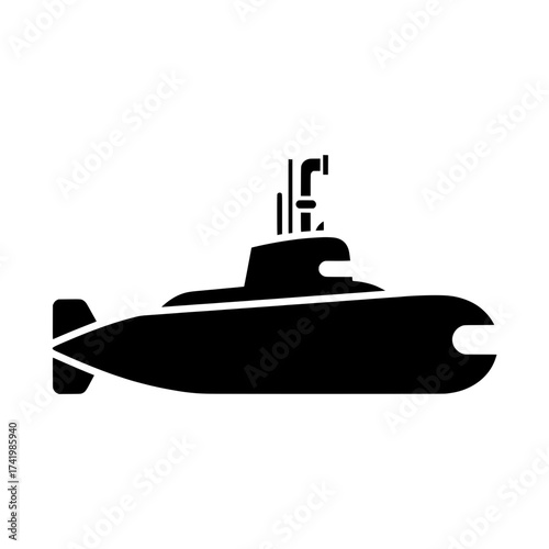Black silhouette of a submarine isolated on white background.