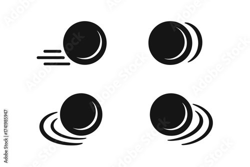 Rolling ball icon vector set isolated on white background, dynamic motion symbols, speed and movement concept, simple black design, smooth round shapes with motion lines and curved trails