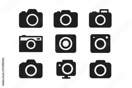 Photo camera icon set isolated. Vector collection of camera silhouettes. Simple flat black symbols for photography, web design, app, ui, ux. Digital, retro, dslr logo.