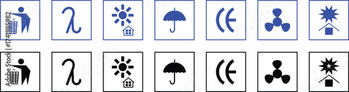 Set of Packaging Symbol button, keep upright dry and handle with care signs.Fragile, recycle, Handle with care, Essential Packaging Symbols, Handle with care warning labels, shipping background,
