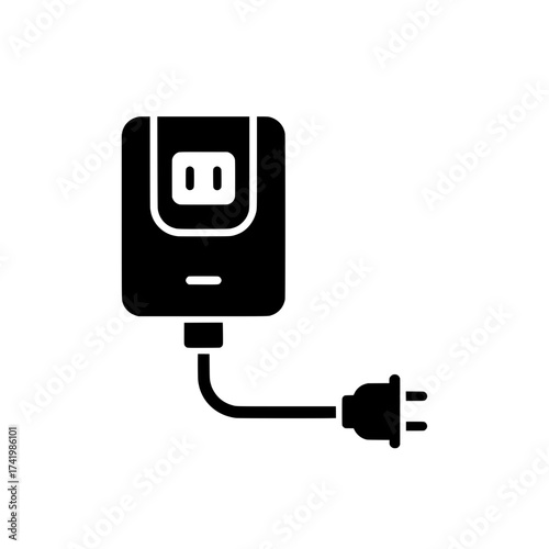 Black electrical outlet with plug and cord power supply icon.