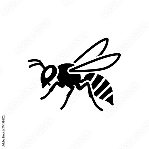 Black and white illustration of a bee insect on a white background.
