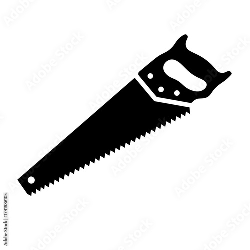 Hand saw with black handle and blade for cutting wood.