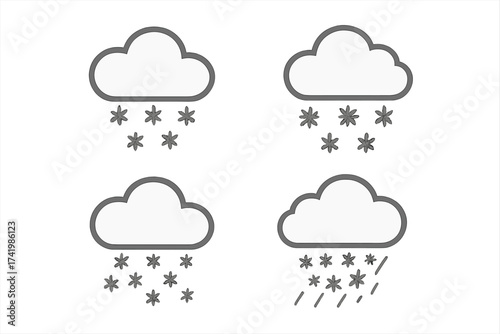 Set of minimalist cloud and snow icons, snowfall and snowstorm weather symbols, transparent background vector illustration, ordered winter precipitation set