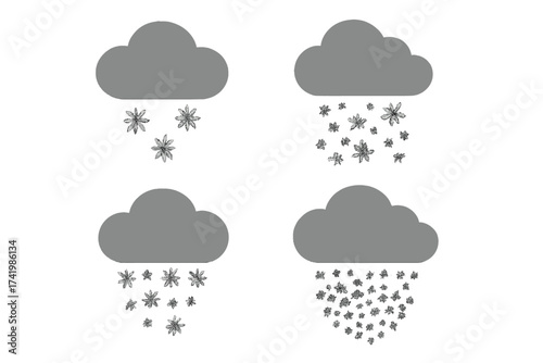 Vector set of cloud icons with varying snowfall and snowstorm effects, snowflakes falling from clouds, transparent background, winter weather symbols, ordered collection