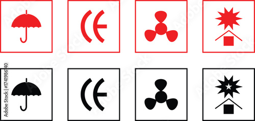 Set of Packaging Symbol button, keep upright dry and handle with care signs.Fragile, recycle, Handle with care, Essential Packaging Symbols, Handle with care warning labels, shipping background,
