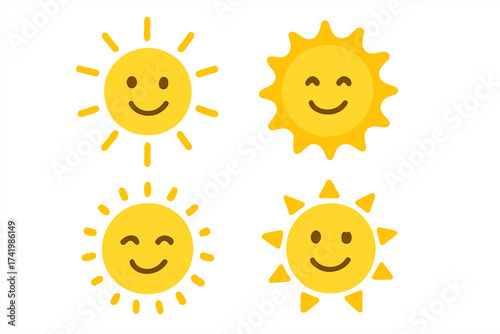 Set of cheerful happy sun icons with smiling faces, vector illustration, transparent background, graphic design elements, sunny weather symbols, positive summer vibes, ordered collection