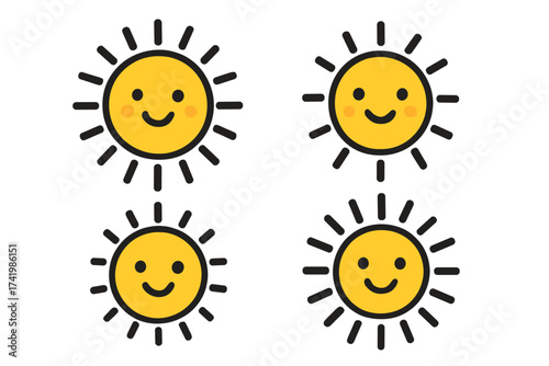 Set of happy smiling sun icons bright cheerful sunburst vector illustration sunny weather symbols in graphic design with transparent background ordered set
