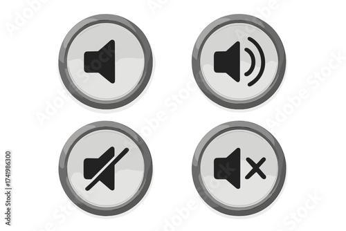 Speaker icon set with sound wave and mute buttons, vector illustration with transparent background, audio volume control symbols, sound on, sound off, audio multimedia buttons