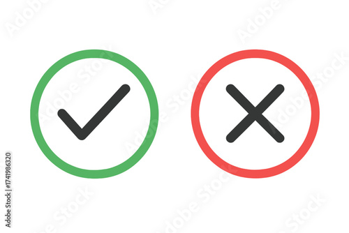Simple square shape icon set with transparent background, vector illustration of green check mark and red cross symbols, ordered set of validation and error icons for UI design