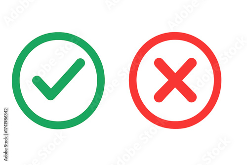 Square shape icon set with check mark and cross mark symbols, vector illustration, transparent background, ordered set of simple flat design for interface, UI, validation, approval, and rejection