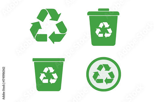 Recycle icon set with green trash can and bin symbols. Vector illustration for ecology, environment, and sustainability concepts. Zero waste and conservation graphic elements.