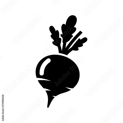 Black and white illustration of a radish with leaves simple design.
