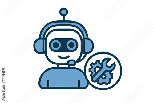 Robot support service icon. Chatbot assistant with headset for customer helpdesk. Technical support concept with wrench and gear. AI automation technology vector illustration.