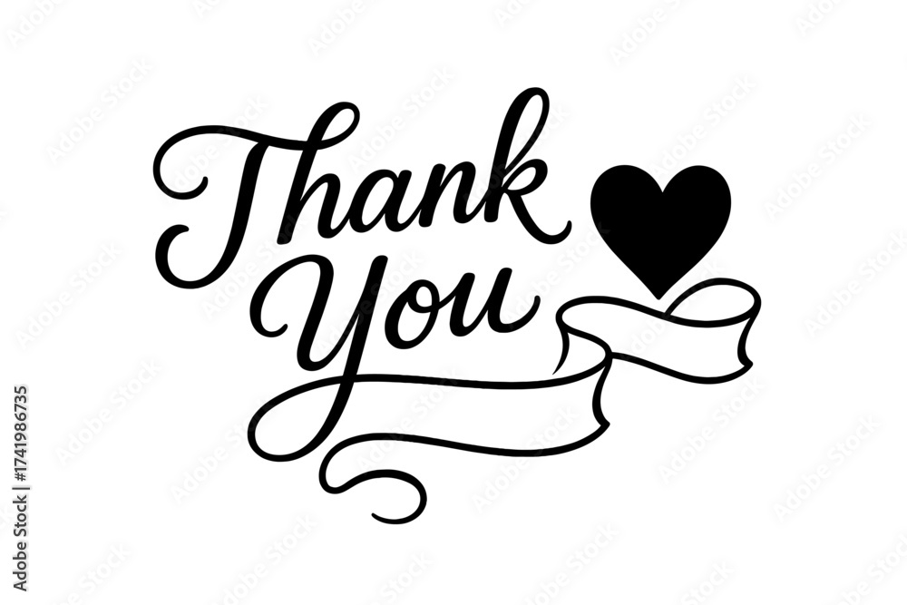 Naklejka premium Elegant thank you calligraphy vector with heart icon and flowing ribbon banner, gratitude message design, love symbol illustration on transparent background