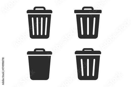 Set of black garbage bin icons, trash can vector illustration with transparent background, trash disposal symbols, waste management, recycling containers, clean environment collection
