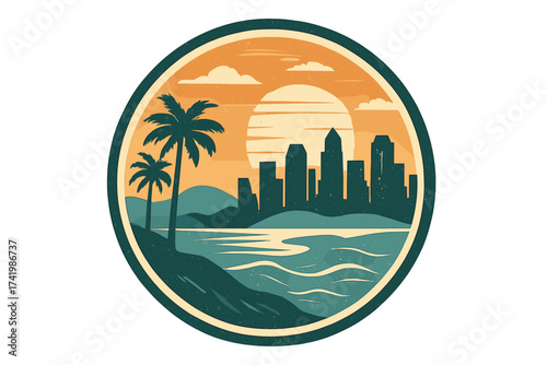 San Diego California city skyline sunset logo with palm trees and ocean. Retro vintage travel sticker, patch, or emblem. Vector illustration for summer vacation tourism.