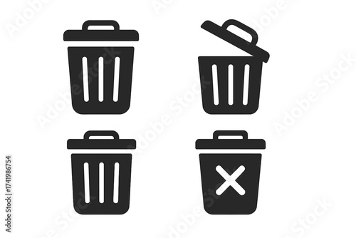 Black garbage bin icon set with trash can symbols, vector illustration of closed, open lid, and reject bin, minimal waste disposal icons with transparent background