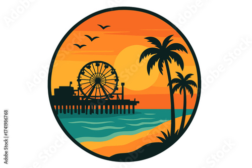 Santa Monica Pier California vector logo. Retro sunset beach with palm trees and ferris wheel. Summer vacation travel icon. Round vintage sticker illustration for the west coast.