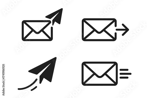 Sending email message icon set. Vector graphic for communication and contact. Paper plane symbol for fast delivery. Web button, UI, UX for newsletter and correspondence.