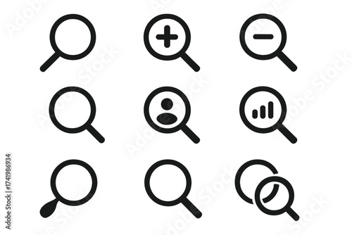 Search icon collection. Magnifying glass vector set. Find, zoom in, zoom out, user search, data analysis symbols. UI UX graphic elements. Line art loupe pictogram signs.
