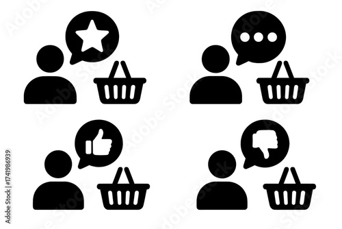 Customer feedback icon set. Shopper review and rating symbols. Consumer with shopping basket giving like, dislike, star, comment. User experience UX UI vector collection.