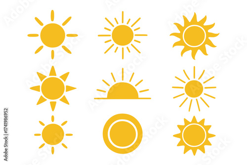 Set of yellow sun vector icons. Sunshine symbols collection. Summer weather forecast element. Sunny day graphic. Sunrise and sunset logo. Light ray and heat sign illustration.