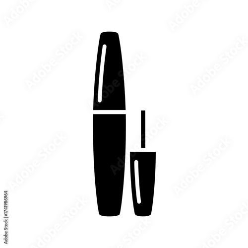 Mascara tube with brush applicator black and white cosmetic icon.