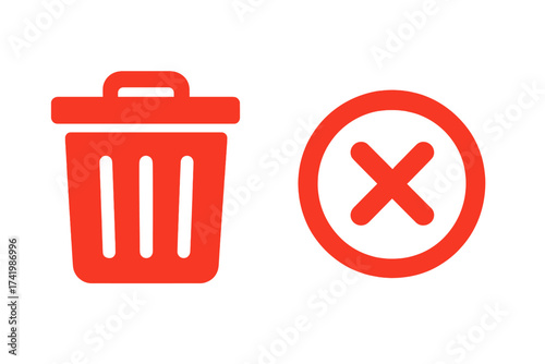Red Trash Can and Delete Icon Vector Illustration, Transparent Background, Minimalistic Design, User Interface Elements, Symbol for Remove, Clear, Cancel, Delete Action, Modern Digital Concept