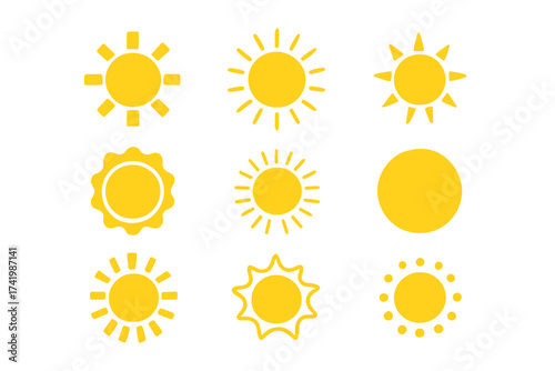 Set of Yellow Sun Icons, Vector Sun Symbol Collection with Transparent Background, Abstract Sun Shapes Illustration for Weather, Summer, Solar Energy, Bright Day Design