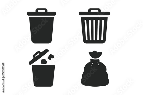 Garbage bin icon set. Rubbish can vector illustration. Wastebasket and trash bag silhouette. Waste disposal pictogram for ecology and recycling concept. Cleanliness symbol.